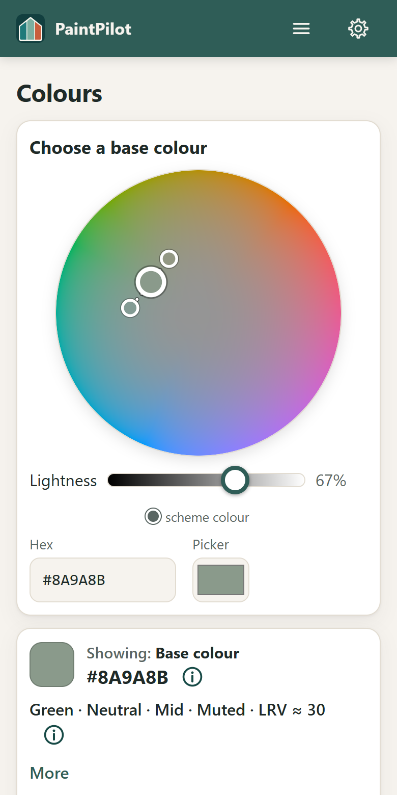 The PaintPilot Colours screen on a phone: a colour wheel for choosing a base colour, with its hex code and description below.