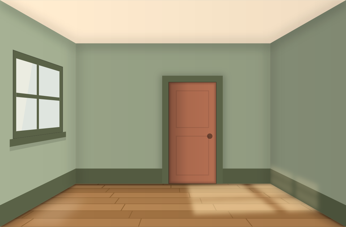 A room preview with sage green walls, deeper green woodwork, a terracotta door and a mid-tone wood floor. A window on the left wall lets in warm morning sun, with soft shadows in the corners and under the skirting.