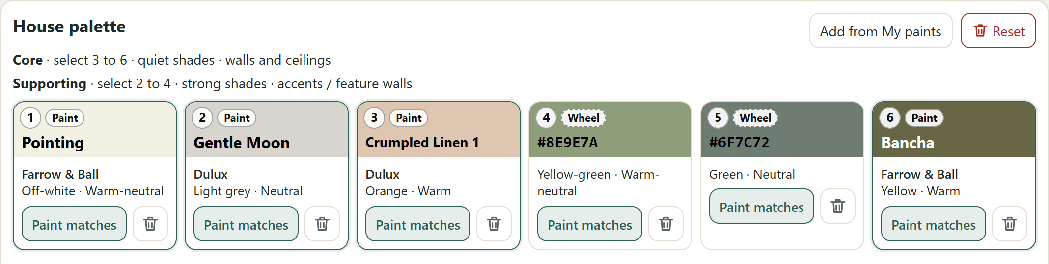 The PaintPilot house palette: six colour tiles numbered one to six. Four carry a Paint badge with a real paint name: Pointing (Farrow & Ball), Gentle Moon and Crumpled Linen 1 (Dulux) and Bancha (Farrow & Ball). Two carry a Wheel badge and a hex code, for colours not yet matched to a paint.